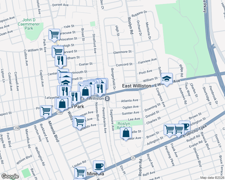 map of restaurants, bars, coffee shops, grocery stores, and more near 16 East Williston Avenue in East Williston