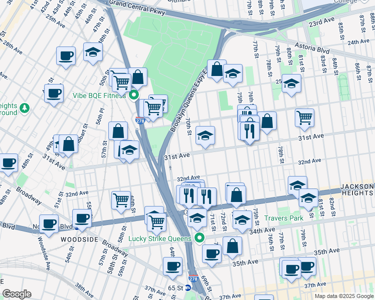 map of restaurants, bars, coffee shops, grocery stores, and more near 69-14 31st Avenue in Queens