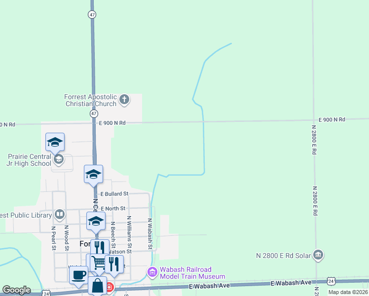 map of restaurants, bars, coffee shops, grocery stores, and more near 27453 Church Street in Forrest