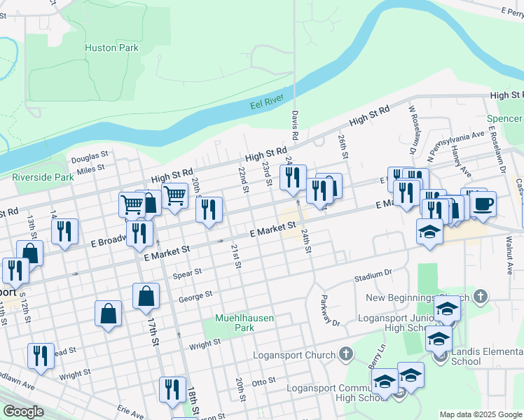 map of restaurants, bars, coffee shops, grocery stores, and more near 2213 East Broadway in Logansport