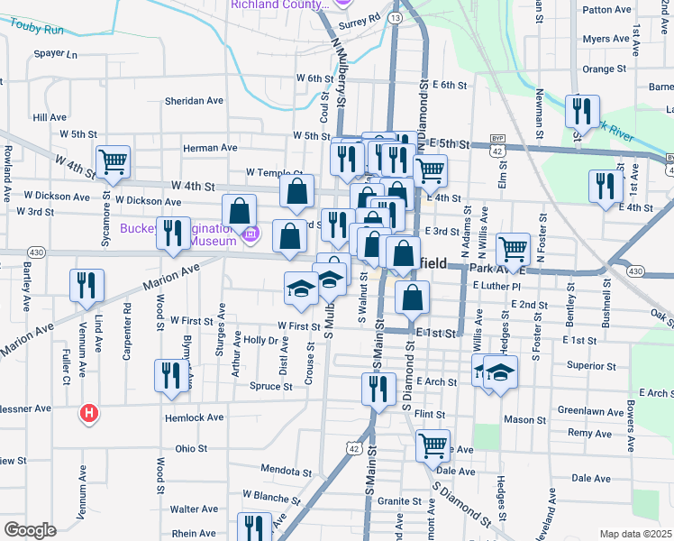 map of restaurants, bars, coffee shops, grocery stores, and more near 53 Park Avenue West in Mansfield