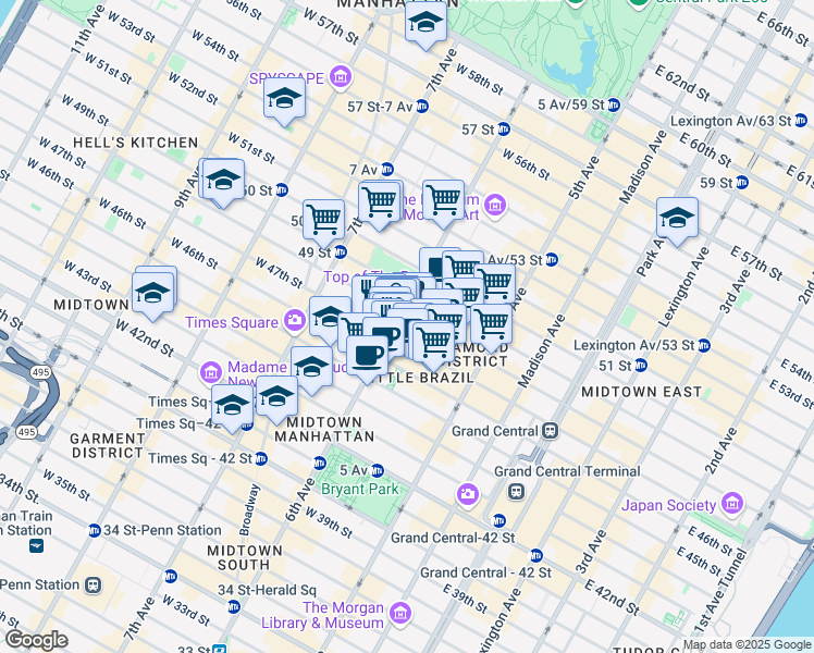 map of restaurants, bars, coffee shops, grocery stores, and more near 1212 6th Avenue in New York