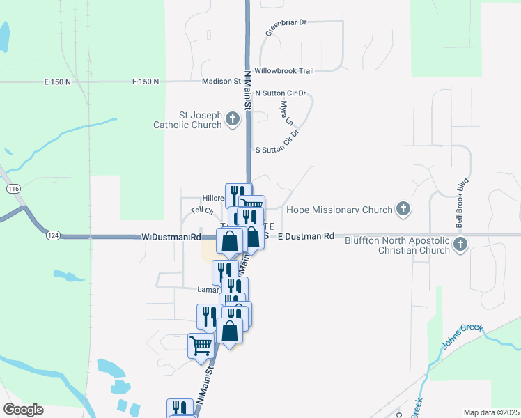 map of restaurants, bars, coffee shops, grocery stores, and more near 110 Northwood Drive in Bluffton