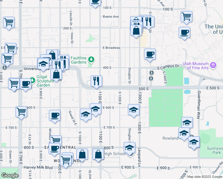 map of restaurants, bars, coffee shops, grocery stores, and more near 1150 East 500 South in Salt Lake City