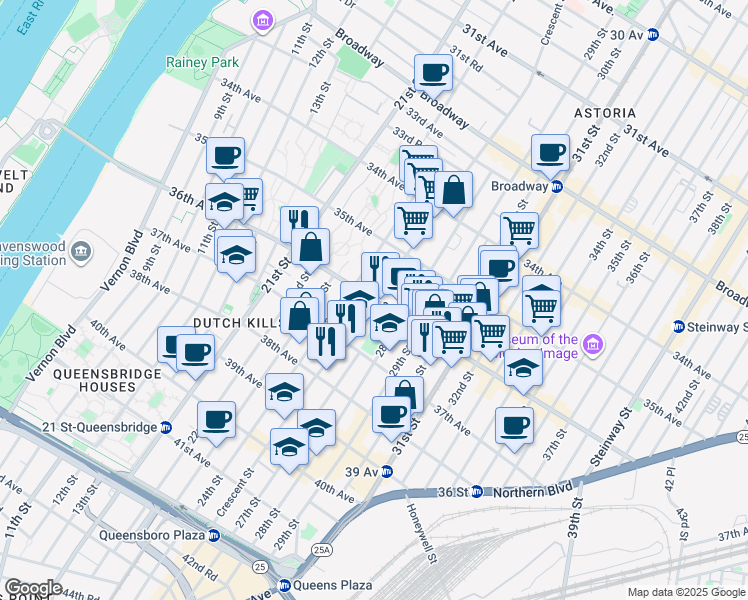 map of restaurants, bars, coffee shops, grocery stores, and more near 36th Avenue in Queens