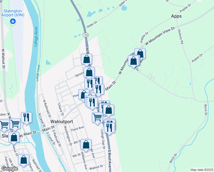 map of restaurants, bars, coffee shops, grocery stores, and more near 528 Old Main Street in Walnutport