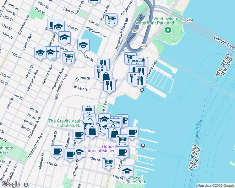 map of restaurants, bars, coffee shops, grocery stores, and more near 1525 Harbor Boulevard in Weehawken