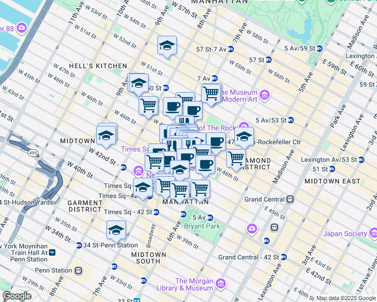 map of restaurants, bars, coffee shops, grocery stores, and more near 151 West 46th Street in New York