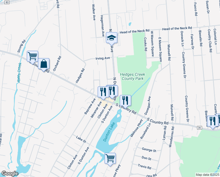 map of restaurants, bars, coffee shops, grocery stores, and more near 32 North Dunton Avenue in Patchogue