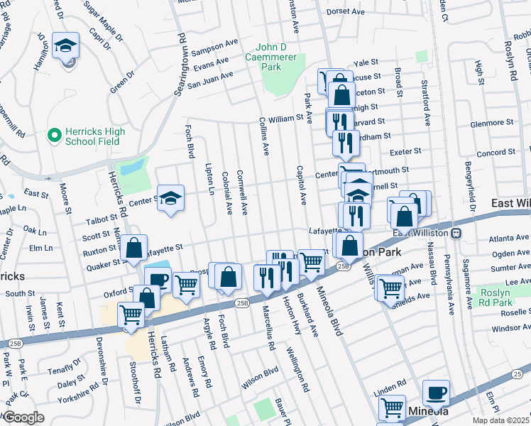 map of restaurants, bars, coffee shops, grocery stores, and more near 122 Cushing Avenue in Williston Park