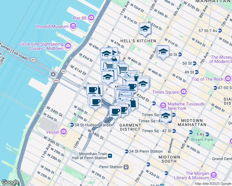 map of restaurants, bars, coffee shops, grocery stores, and more near 440 West 41st Street in New York