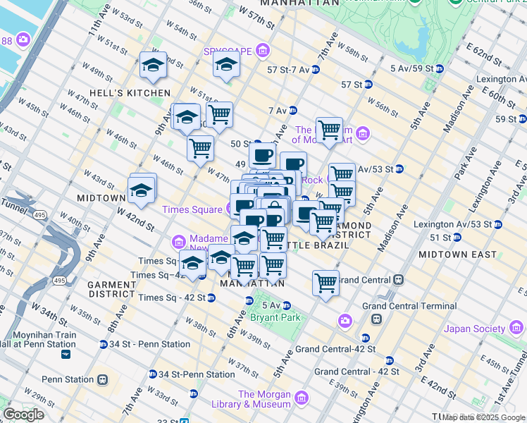 map of restaurants, bars, coffee shops, grocery stores, and more near 145 West 46th Street in New York