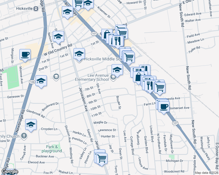 map of restaurants, bars, coffee shops, grocery stores, and more near 56 8th Street in Hicksville