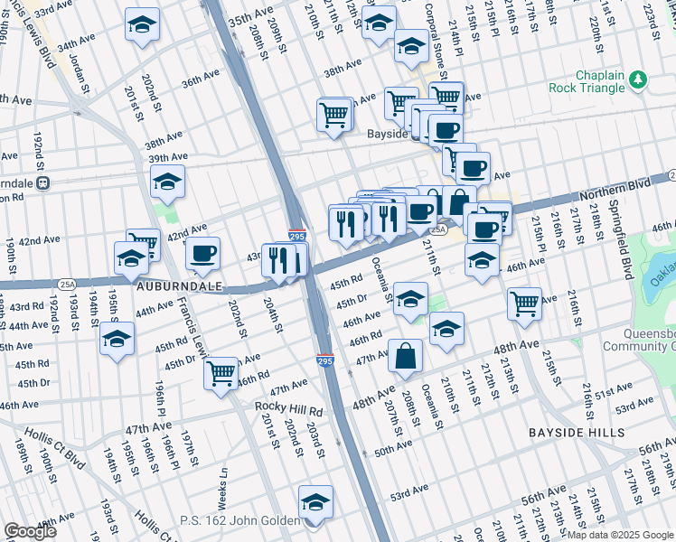 map of restaurants, bars, coffee shops, grocery stores, and more near 207-02 Northern Boulevard in Queens