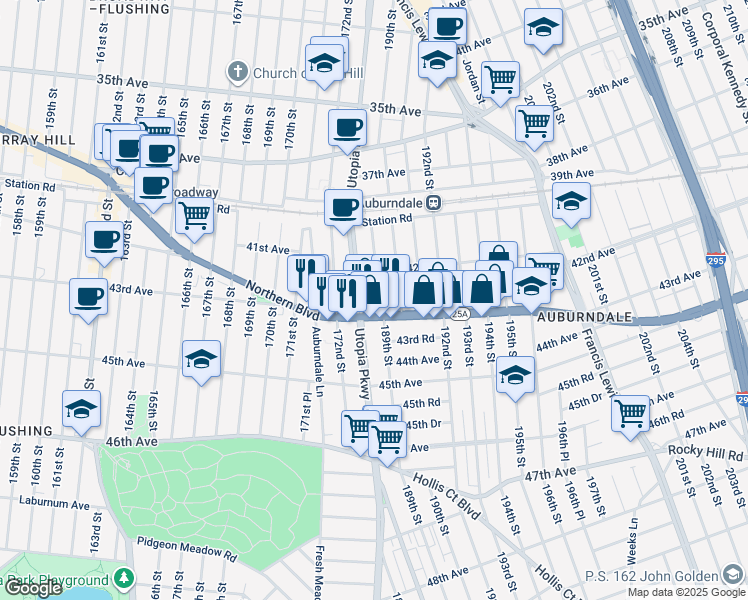 map of restaurants, bars, coffee shops, grocery stores, and more near in Queens