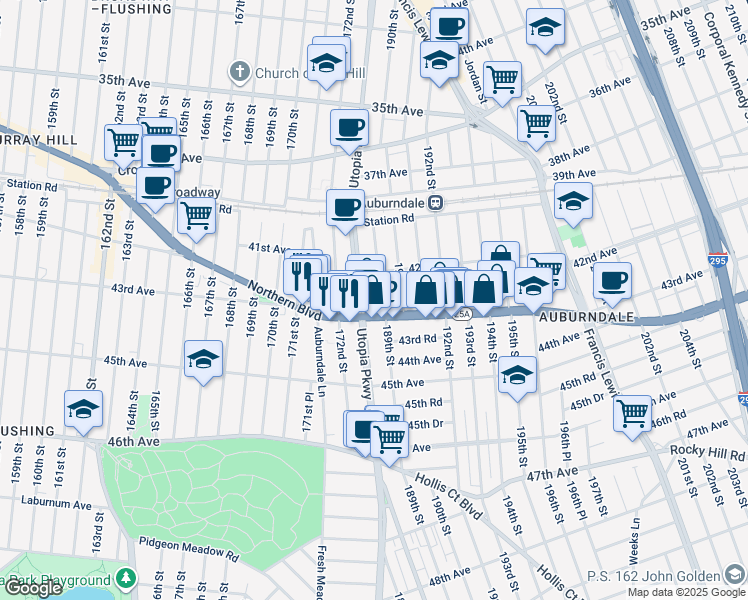 map of restaurants, bars, coffee shops, grocery stores, and more near in Queens