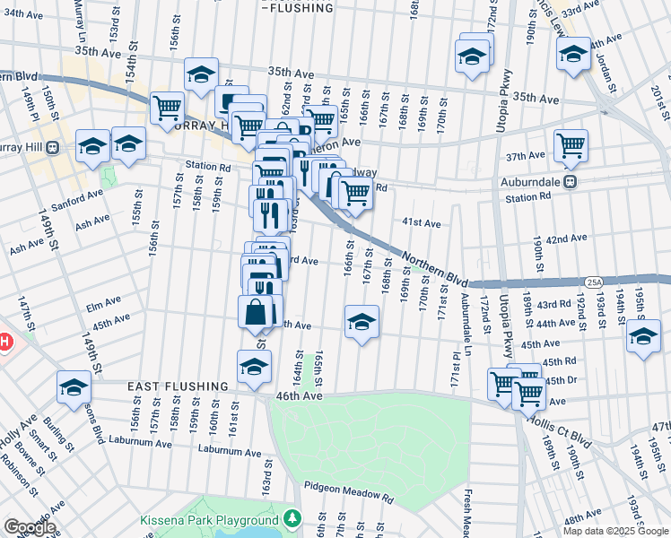 map of restaurants, bars, coffee shops, grocery stores, and more near 43-20 165th Street in Queens