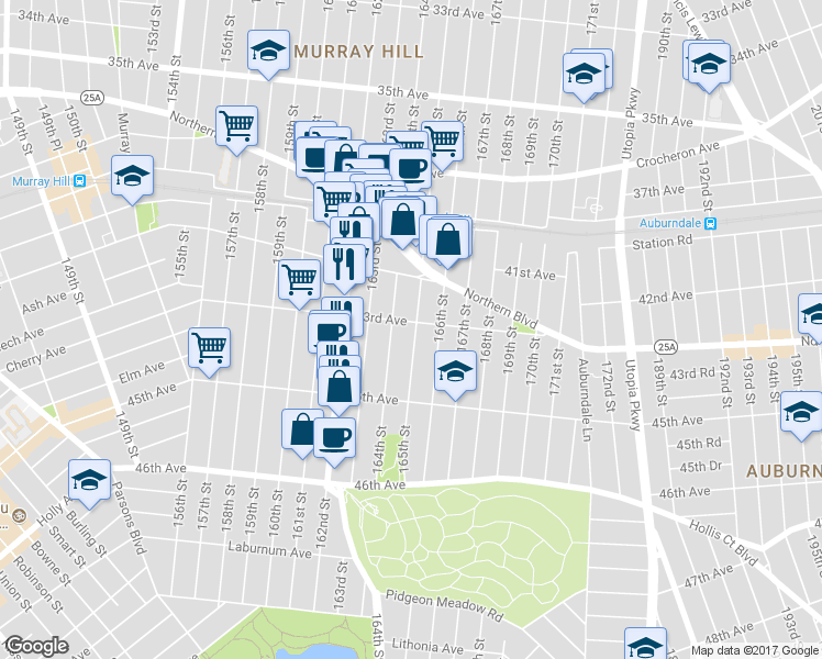 map of restaurants, bars, coffee shops, grocery stores, and more near 43-20 165th Street in Queens