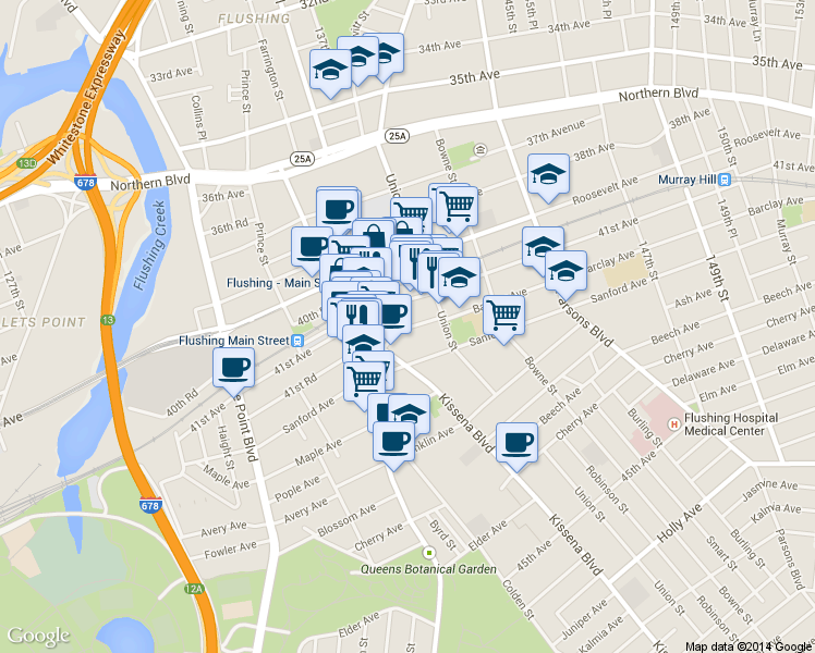 map of restaurants, bars, coffee shops, grocery stores, and more near 138-4 Barclay Avenue in Queens