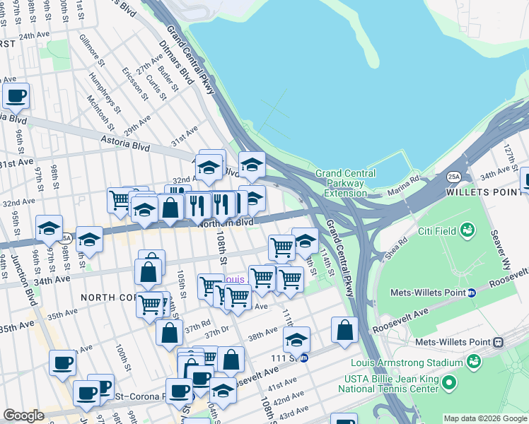 map of restaurants, bars, coffee shops, grocery stores, and more near 111-7 Northern Boulevard in Queens