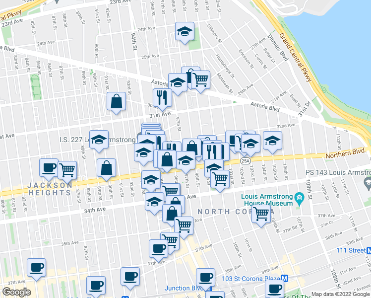 map of restaurants, bars, coffee shops, grocery stores, and more near 32-25 96th Street in Queens