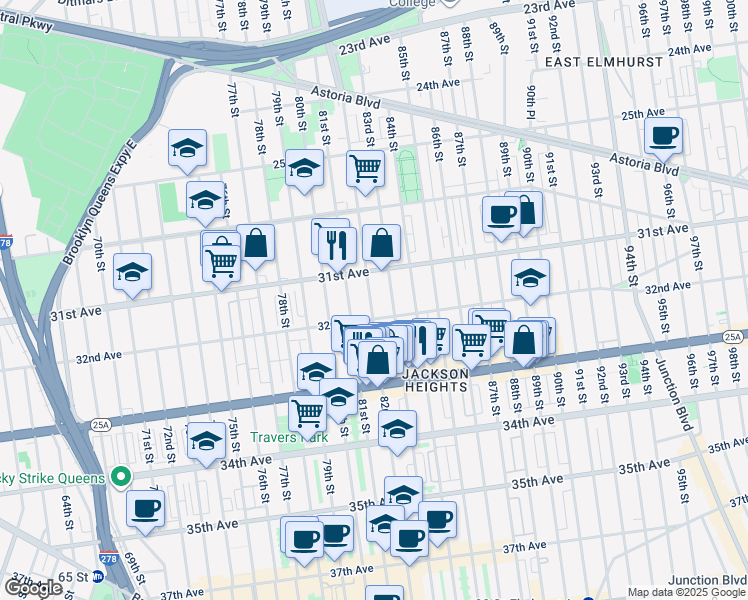 map of restaurants, bars, coffee shops, grocery stores, and more near 31-41 82nd Street in Queens