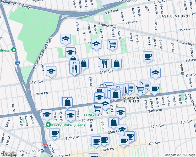 map of restaurants, bars, coffee shops, grocery stores, and more near 31-31 79th Street in Queens