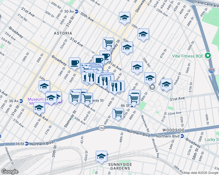 map of restaurants, bars, coffee shops, grocery stores, and more near 42-14 Broadway in Queens