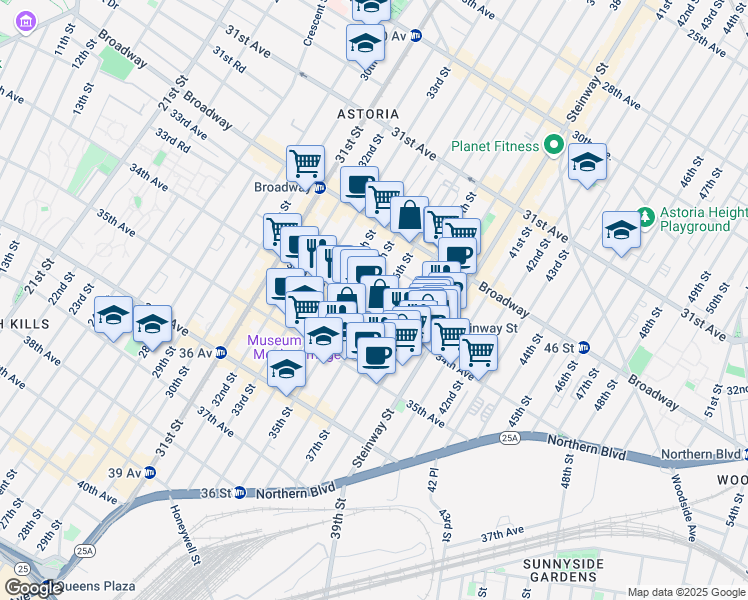 map of restaurants, bars, coffee shops, grocery stores, and more near 32-85 36th Street in Queens