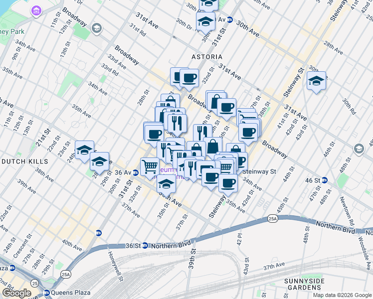 map of restaurants, bars, coffee shops, grocery stores, and more near 32-85 35th Street in Queens