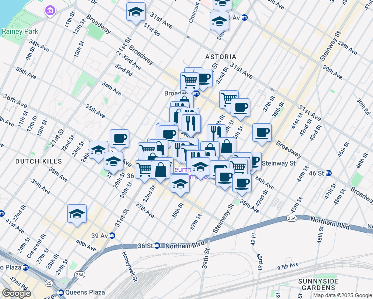 map of restaurants, bars, coffee shops, grocery stores, and more near 34-29 33rd Street in Queens