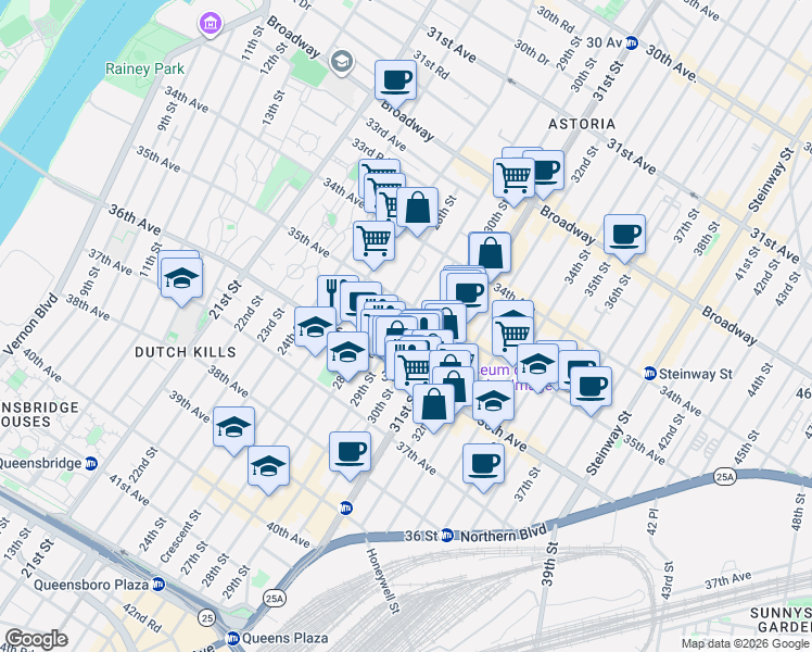 map of restaurants, bars, coffee shops, grocery stores, and more near 35-33 29th Street in Queens
