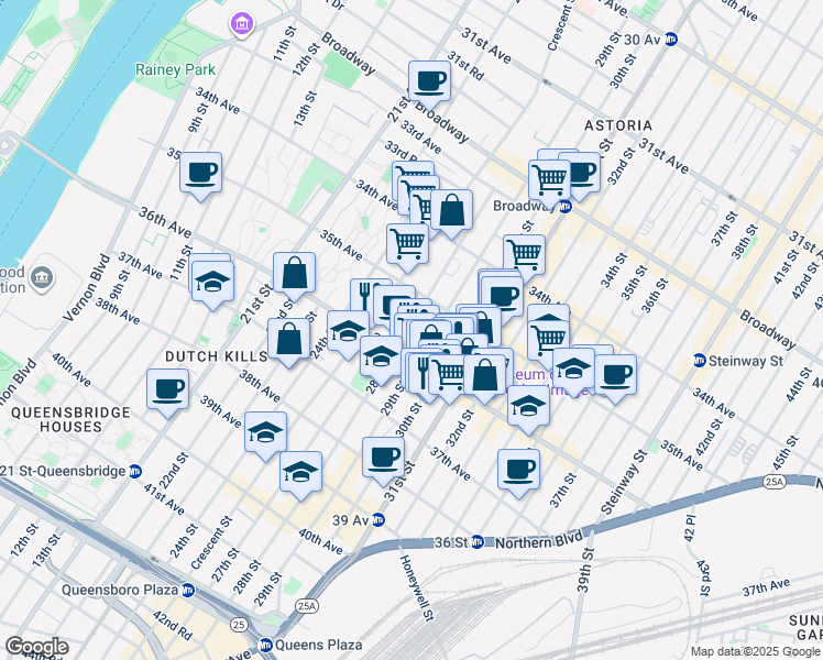 map of restaurants, bars, coffee shops, grocery stores, and more near 3550 28th Street in Queens