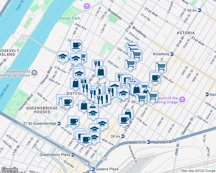 map of restaurants, bars, coffee shops, grocery stores, and more near 32 24th Street in Queens