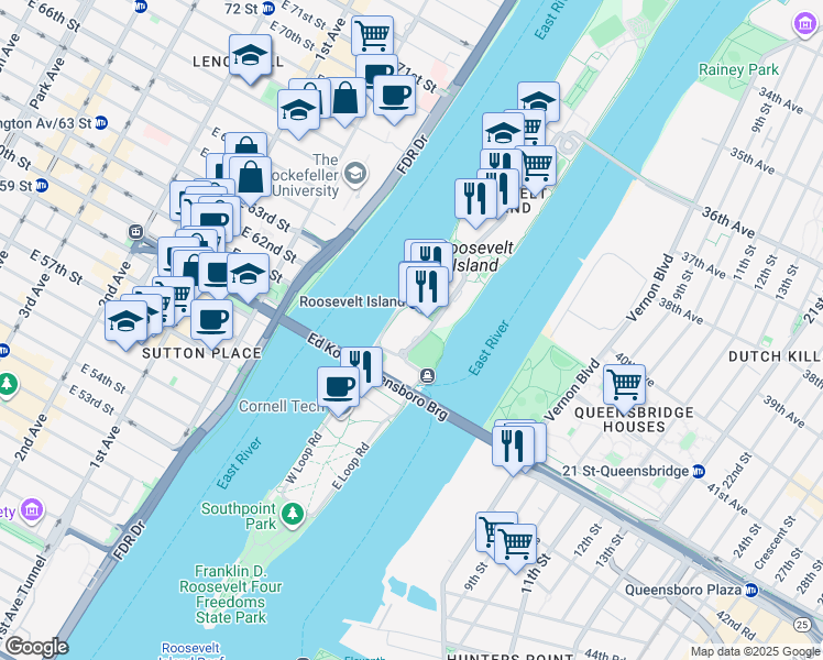 map of restaurants, bars, coffee shops, grocery stores, and more near 405-425 Main Street in New York