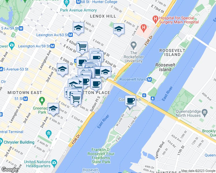 map of restaurants, bars, coffee shops, grocery stores, and more near 6 Riverview Terrace in New York