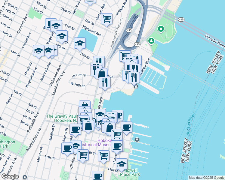 map of restaurants, bars, coffee shops, grocery stores, and more near 1700 Harbor Boulevard in Weehawken
