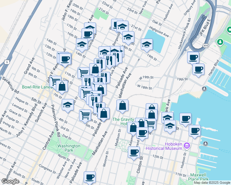 map of restaurants, bars, coffee shops, grocery stores, and more near 1009 Palisade Avenue in Union City