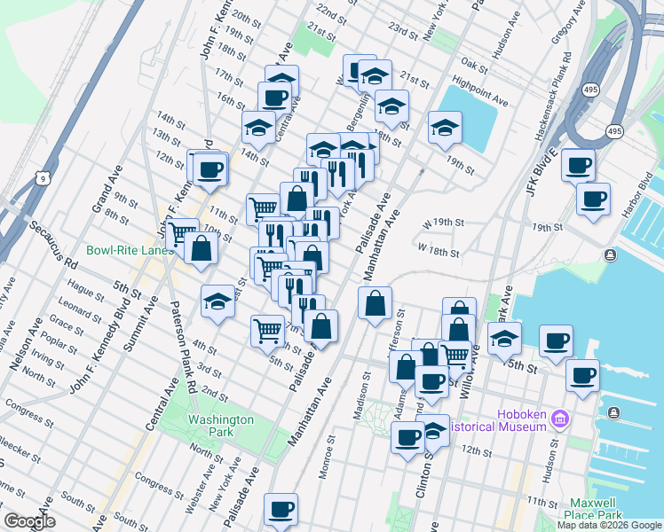 map of restaurants, bars, coffee shops, grocery stores, and more near 1009 Palisade Avenue in Union City