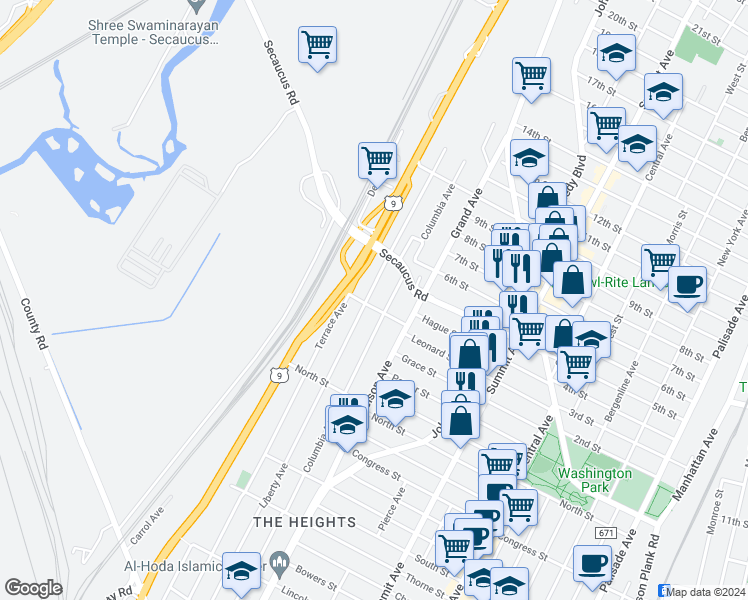 map of restaurants, bars, coffee shops, grocery stores, and more near 299 Columbia Avenue in Jersey City