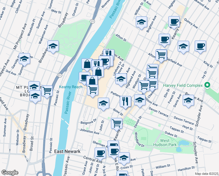 map of restaurants, bars, coffee shops, grocery stores, and more near 149 Belgrove Drive in Kearny