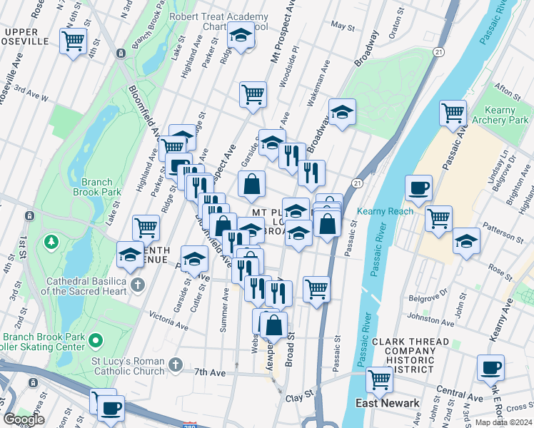 map of restaurants, bars, coffee shops, grocery stores, and more near 19 Kearny Street in Newark