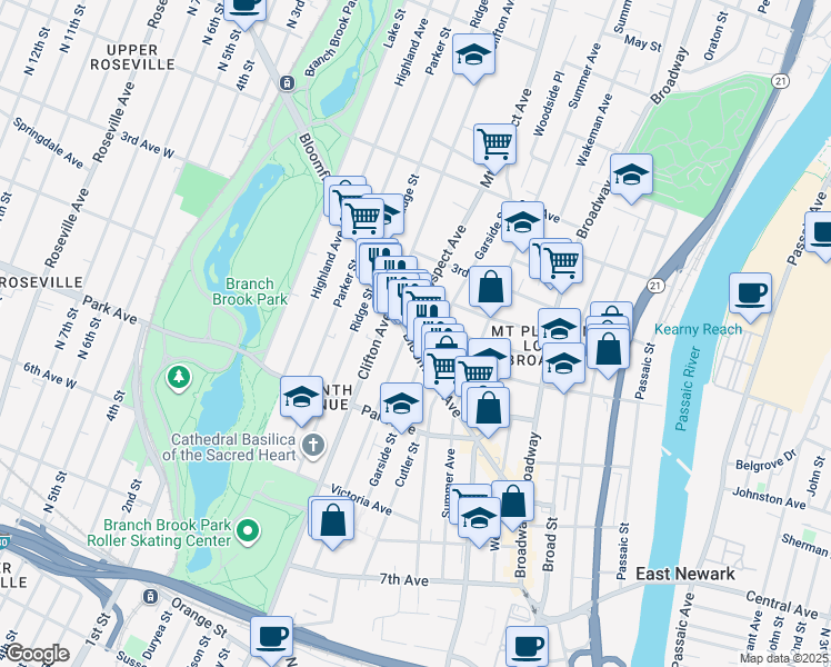 map of restaurants, bars, coffee shops, grocery stores, and more near 101 Mount Prospect Avenue in Newark