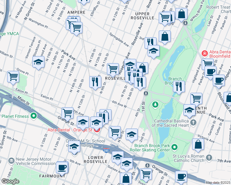 map of restaurants, bars, coffee shops, grocery stores, and more near 215 Roseville Avenue in Newark