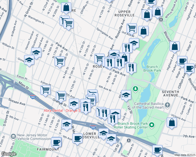 map of restaurants, bars, coffee shops, grocery stores, and more near 215 Roseville Avenue in Newark