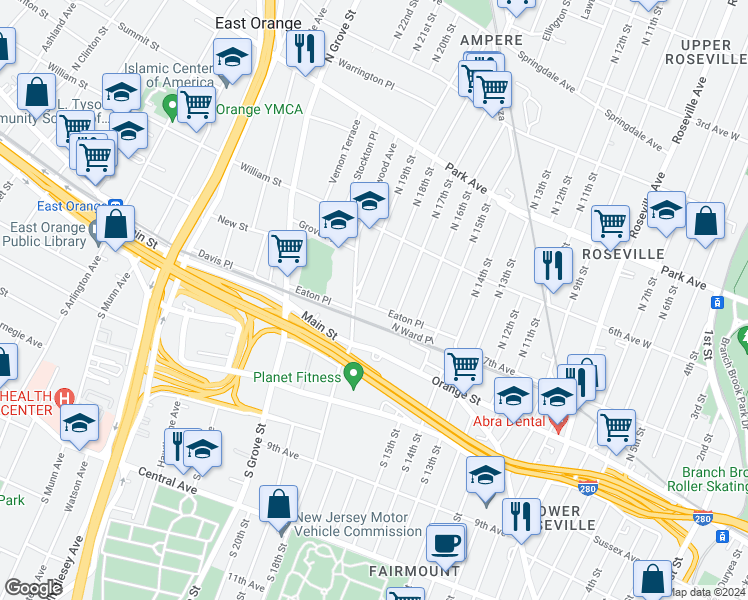 map of restaurants, bars, coffee shops, grocery stores, and more near 97 Eaton Place in East Orange