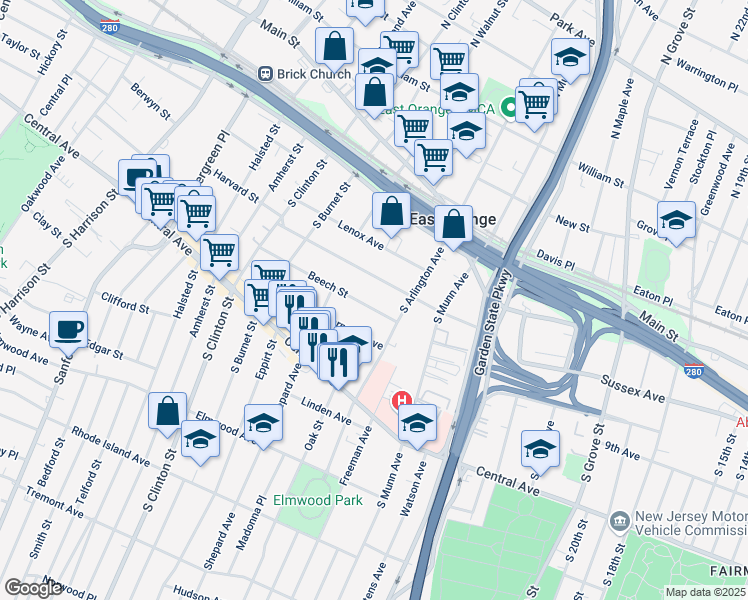 map of restaurants, bars, coffee shops, grocery stores, and more near 16 Beech Street in East Orange
