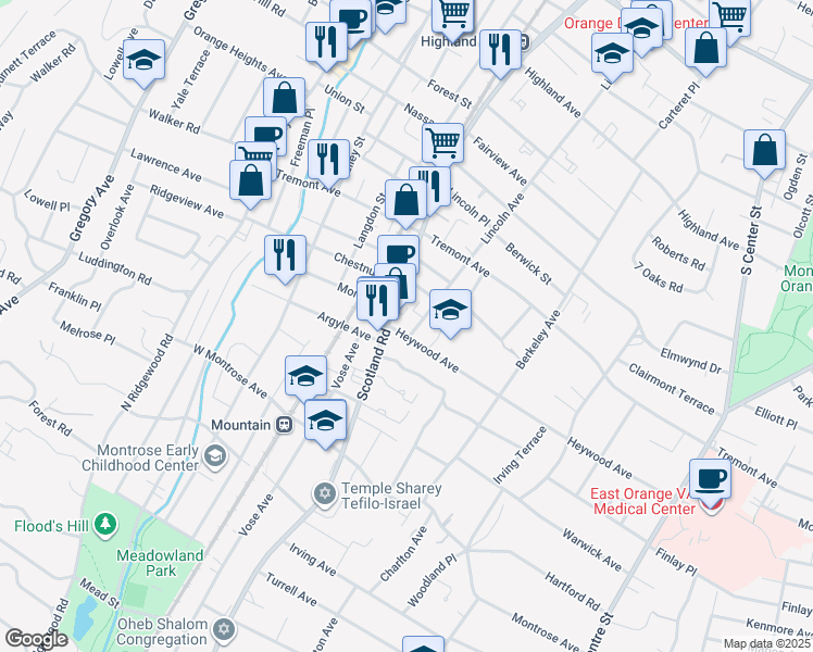 map of restaurants, bars, coffee shops, grocery stores, and more near 480 Heywood Avenue in City of Orange