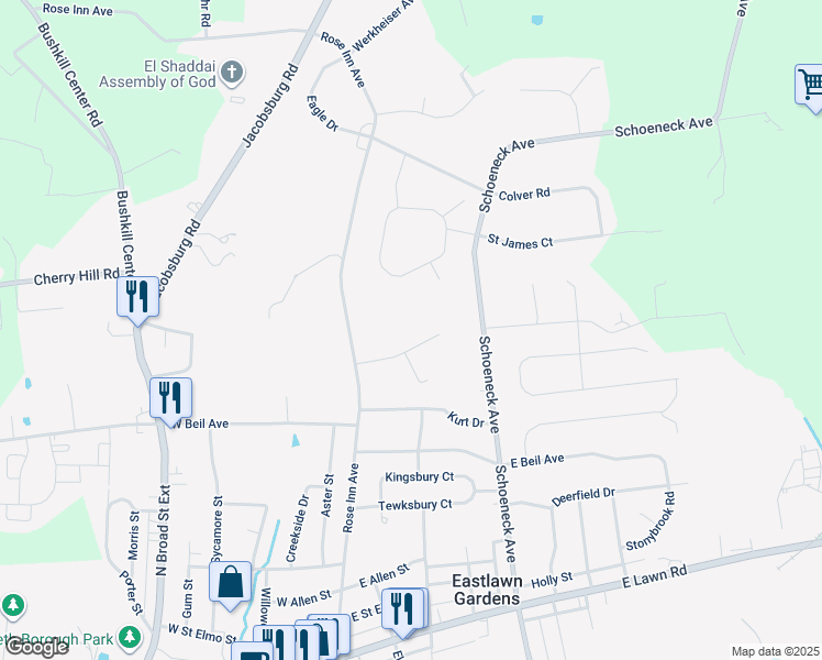 map of restaurants, bars, coffee shops, grocery stores, and more near 232 Heather Lane in Nazareth
