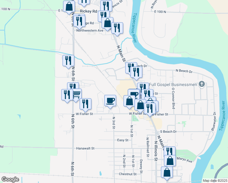 map of restaurants, bars, coffee shops, grocery stores, and more near 1008 Foxwood Court in Monticello